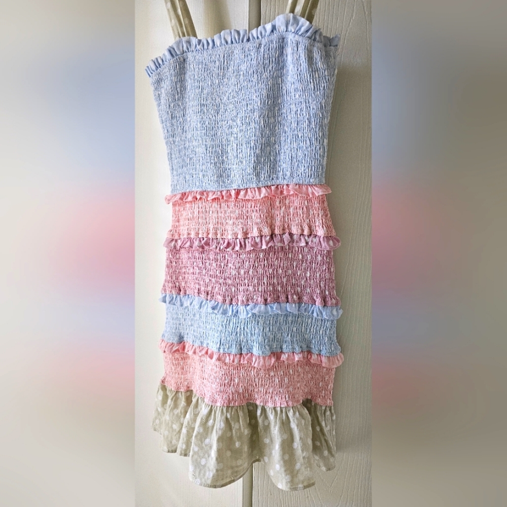Storia Smocked Pastel Polka Dot Ruffle Spring Mini Dress Sz S - Picture 11 of 12